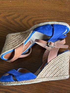 Casteller hand made in Spain blue suede/tan leather wedge espadrilles EUC